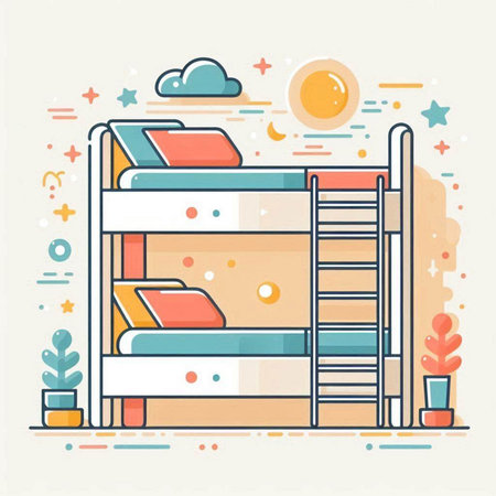Bunk bed in flat linear style. Vector illustration on light background.のイラスト素材