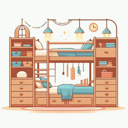 Bunk bed vector illustration. Bedroom interior with bunk beds. Bedroom furniture.のイラスト素材