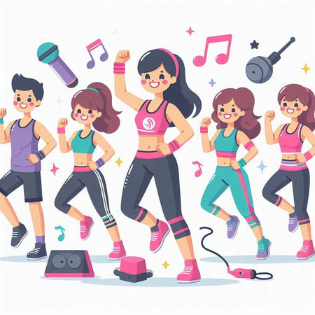 Fitness and healthy lifestyle concept. Group of people in sportswear running and jogging. Vector illustrationのイラスト素材