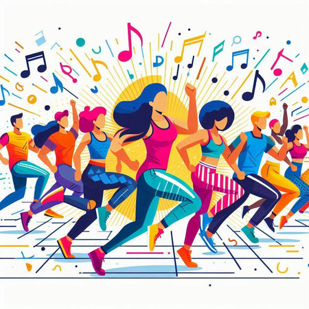 Vector illustration of a group of young people dancing and listening to music.のイラスト素材