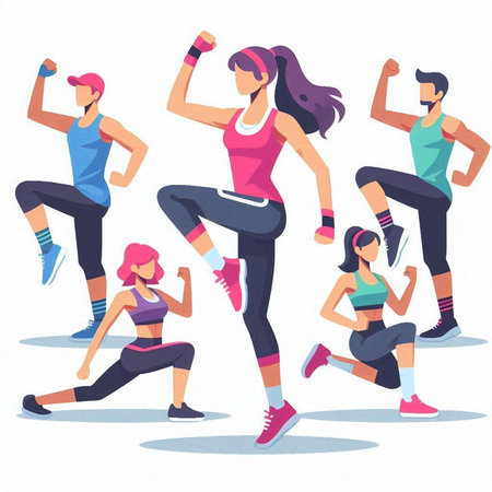 Fitness and healthy lifestyle vector illustration. Group of people doing different exercises.のイラスト素材