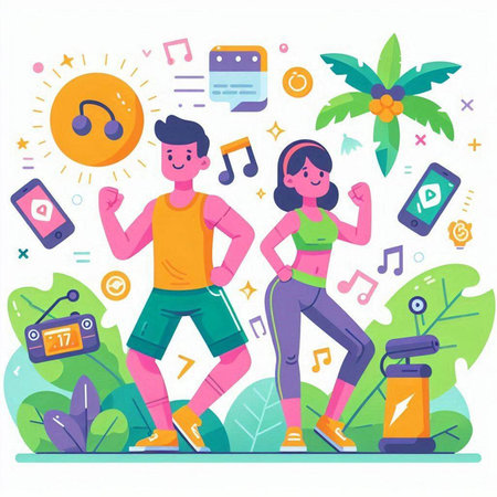 Young people in sportswear running and listening to music. Flat vector illustration.のイラスト素材