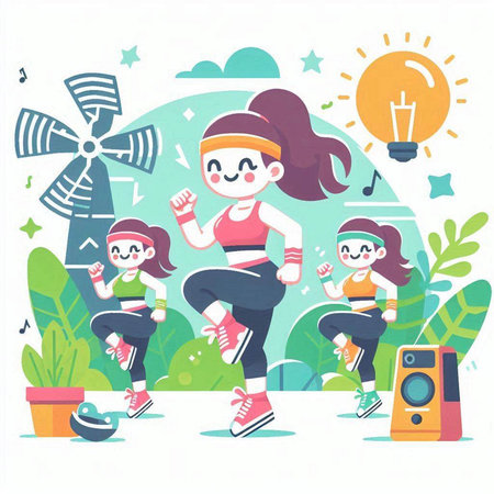 Sporty mother and her children running in the park. Vector illustrationのイラスト素材