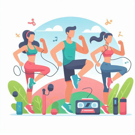 Sporty people running, jogging and listening to music. Vector illustrationのイラスト素材