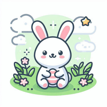 Cute white rabbit sitting on the grass with flowers. Vector illustration.のイラスト素材