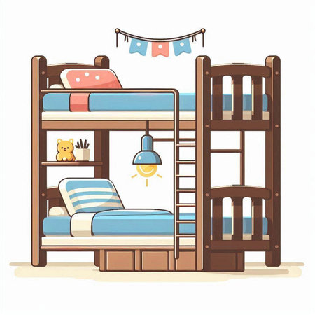 Bunk bed vector illustration in cartoon style. Hostel room with bunk bed.のイラスト素材