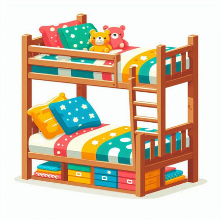Bunk bed with pillows and teddy bear. Vector illustration.のイラスト素材