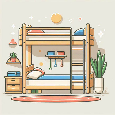 Bunk bed in flat style. Bunk room interior. Vector illustration.のイラスト素材