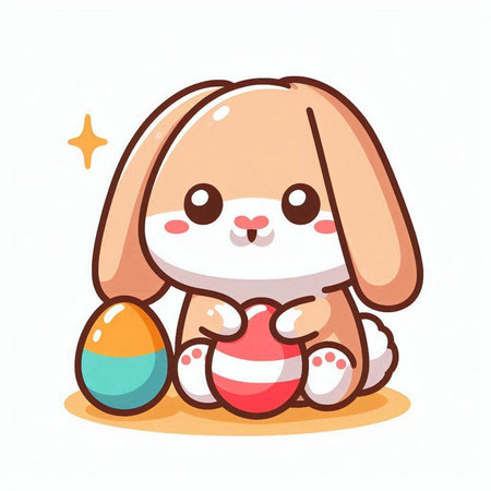 Cute cartoon bunny sitting with easter eggs. Vector illustration.のイラスト素材
