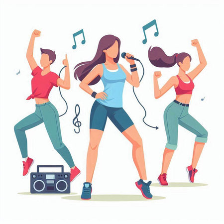 Group of young people dancing and listening to music. Flat vector illustration.のイラスト素材