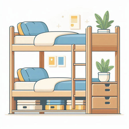 Bunk bed with pillows. Vector illustration in flat style.のイラスト素材