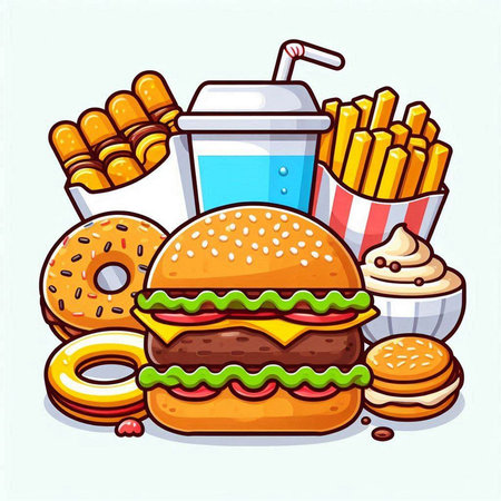 Fast food vector illustration. Burger, french fries, drink and donut.のイラスト素材
