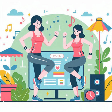 Vector illustration of two women in sportswear running on the treadmill.のイラスト素材