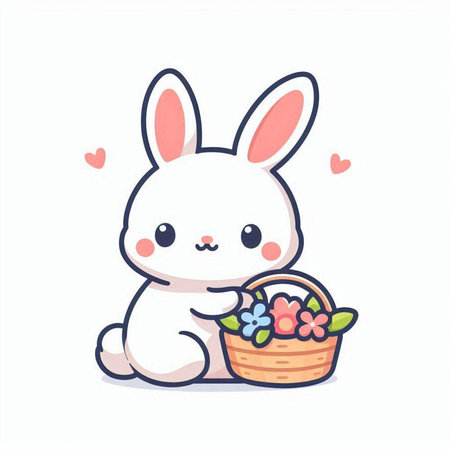 Cute white bunny with a basket of flowers. Vector illustration.のイラスト素材