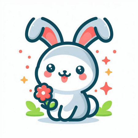 Cute cartoon bunny with flowers. Vector illustration on white background.のイラスト素材