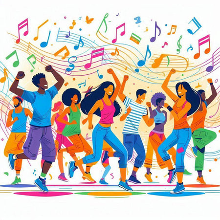 Group of young people dancing and listening to music. Vector illustration.のイラスト素材