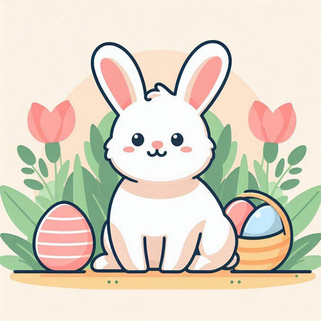 Cute bunny with easter eggs in the garden. Vector illustration.のイラスト素材