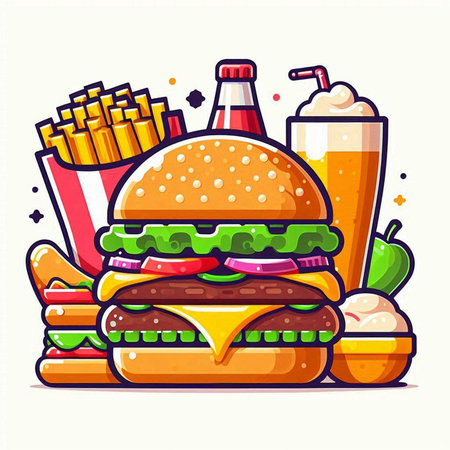 Fast food vector illustration. Hamburger, french fries and beer.のイラスト素材