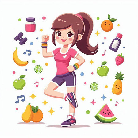Fitness girl with healthy food and fruits. Cartoon vector illustration.のイラスト素材