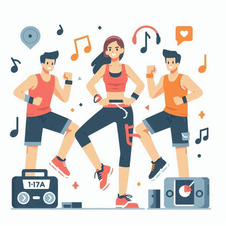 Sporty people running, jogging and listening to music. Flat vector illustration.のイラスト素材