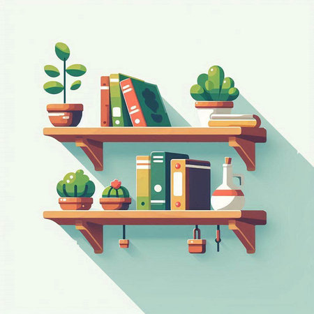 Bookshelf with books and plants. Flat style vector illustration.のイラスト素材