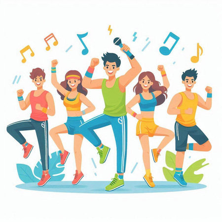 Group of happy people jumping and dancing. Vector illustration in cartoon style.のイラスト素材