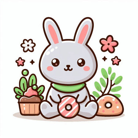 Cute bunny with Easter eggs and flowers. Vector cartoon illustration.のイラスト素材