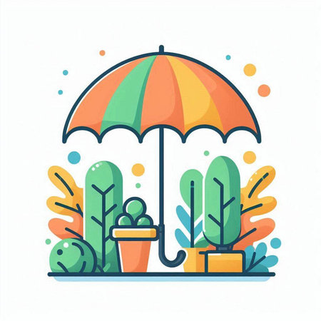 Umbrella and plants. Vector illustration in flat cartoon style.のイラスト素材