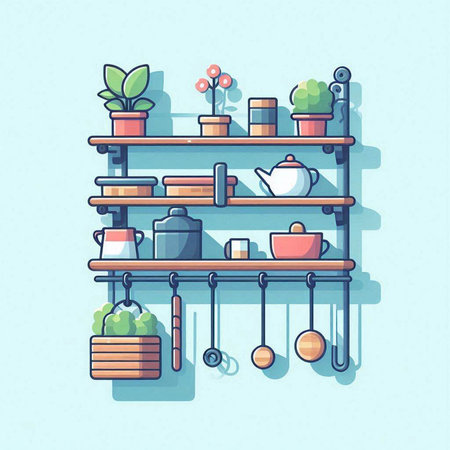 Kitchen shelves with kitchen utensils, flat style vector illustration.のイラスト素材