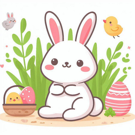 Cute bunny with easter eggs in the grass. Vector illustrationのイラスト素材