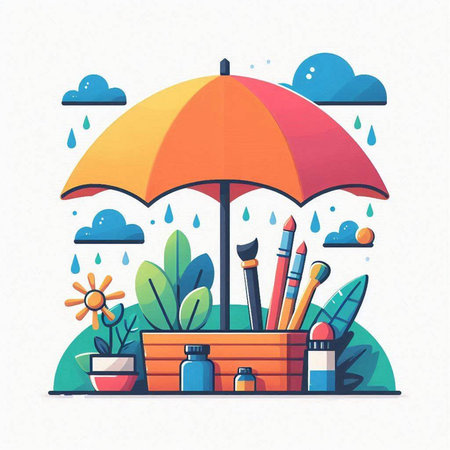 Vector illustration of a flat design of an umbrella in the rain.のイラスト素材