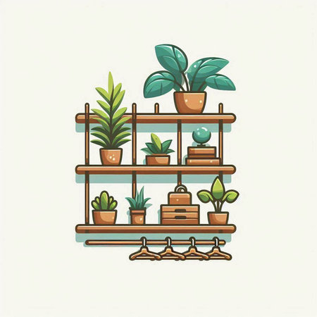 Shelves with houseplants. Vector illustration in flat styleのイラスト素材