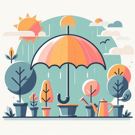 Vector illustration of a garden with umbrella and plants in flat style.のイラスト素材