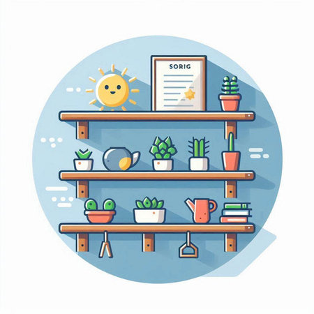 Vector illustration of a shelf with succulents and books. Flat design.のイラスト素材