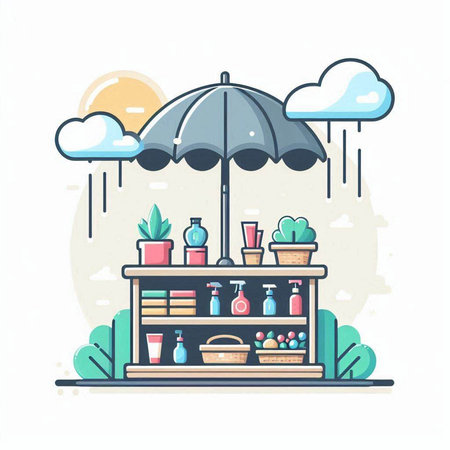 Illustration of a shelf with different household items and umbrella in the rain.のイラスト素材