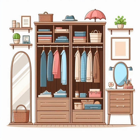 Closet with clothes and accessories. Vector illustration in cartoon style.のイラスト素材