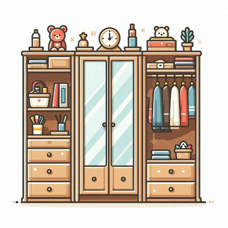 Illustration of a wardrobe with furniture and accessories. Vector illustration.のイラスト素材