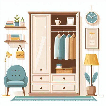 Wardrobe interior with furniture and accessories. Vector illustration in flat styleのイラスト素材