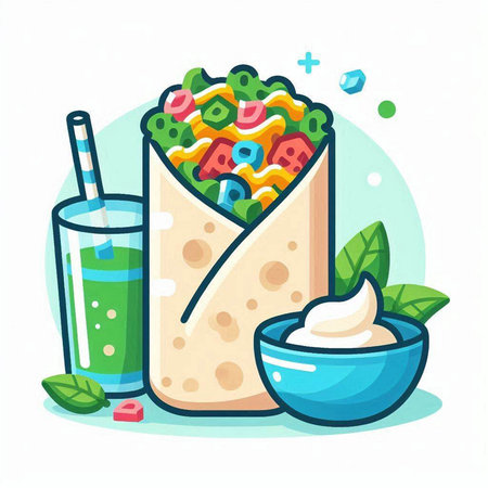 Tortilla wrap with vegetable salad and smoothie. Vector illustration.のイラスト素材