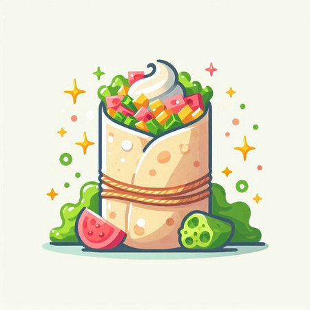 Tortilla wrap with vegetables and cream. Vector illustration in cartoon style.のイラスト素材