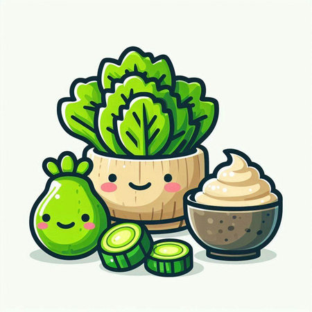 Cute kawaii avocado, lettuce, cucumber and mayonnaise. Vector illustration.のイラスト素材
