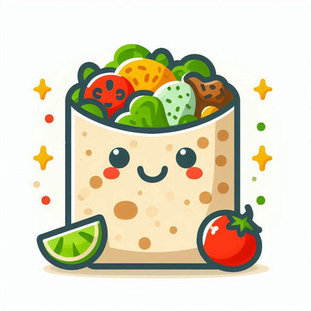 Cute kawaii tortilla wrap with fruits and vegetables. Vector illustration.のイラスト素材
