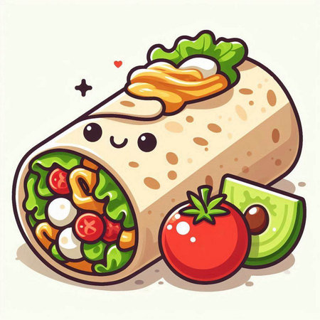 Illustration of a cute kawaii kebab roll with vegetablesのイラスト素材