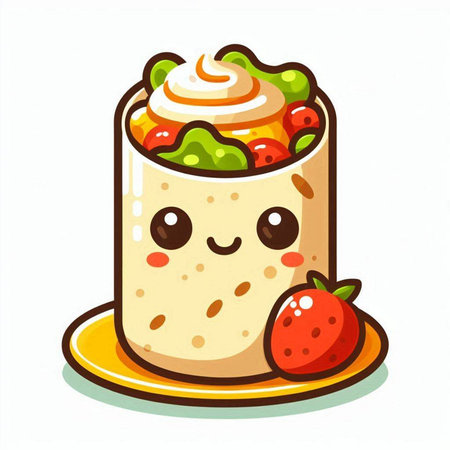 Cute kawaii burrito with whipped cream and strawberries.のイラスト素材