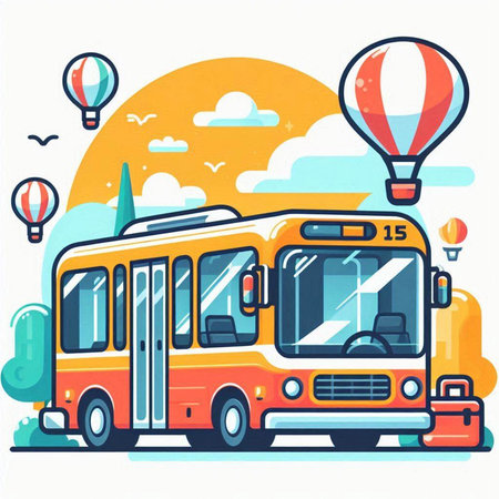 Bus with luggage and hot air balloon in the sky. Vector illustration.のイラスト素材