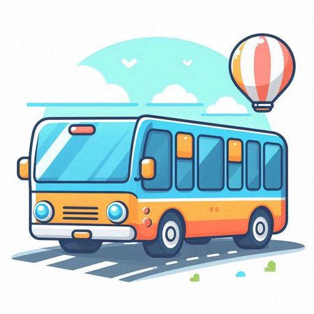 Bus with hot air balloon in the sky. Vector cartoon illustration.のイラスト素材