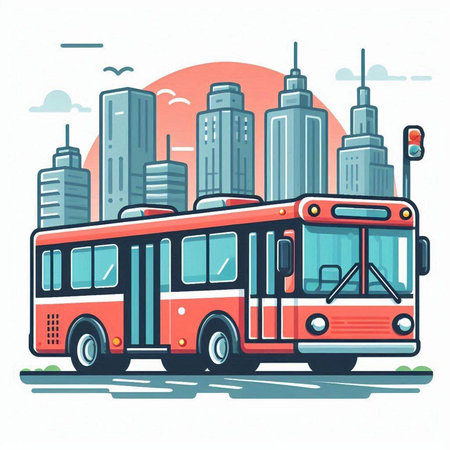 City bus on the background of skyscrapers. Vector illustration.のイラスト素材