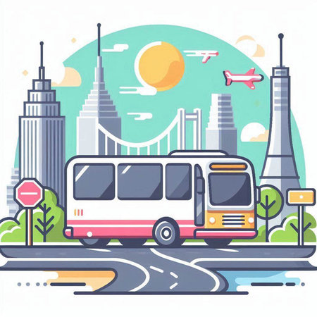Bus on road in city. Vector illustration in flat design style.のイラスト素材