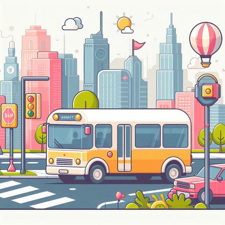 Bus on the road in the city. Vector illustration in flat styleのイラスト素材