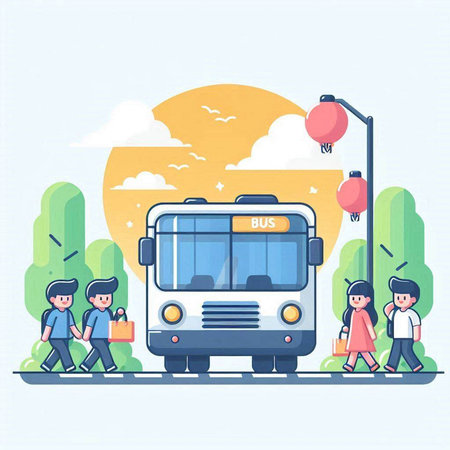 Vector illustration of school bus and people walking on the road. Flat style design.のイラスト素材